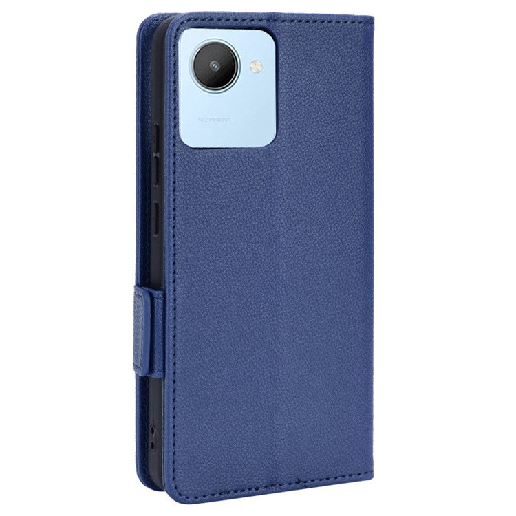 Litchi Texture PU Leather Case for Realme C30 4G, Side Magnetic Clasp Wallet Stand Protective Phone Cover - Dark Blue