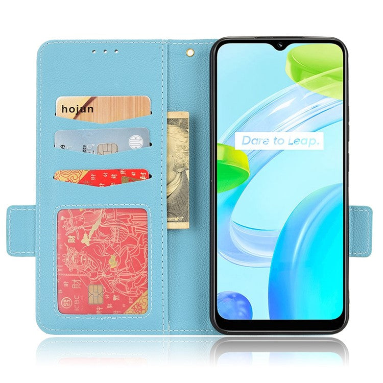 Litchi Texture PU Leather Case for Realme C30 4G, Side Magnetic Clasp Wallet Stand Protective Phone Cover - Baby Blue