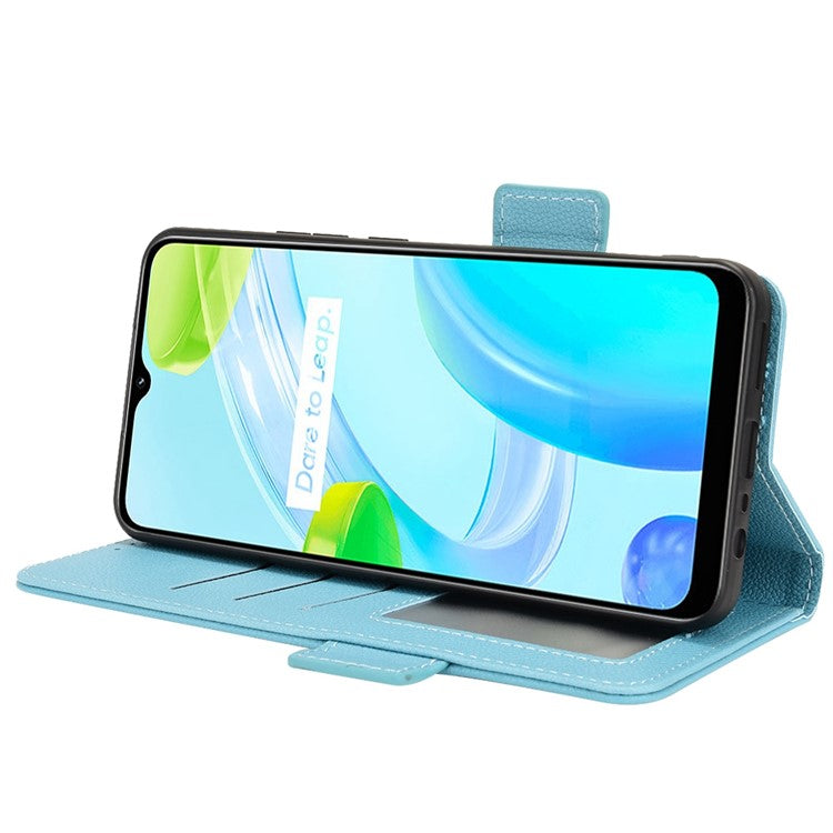 Litchi Texture PU Leather Case for Realme C30 4G, Side Magnetic Clasp Wallet Stand Protective Phone Cover - Baby Blue