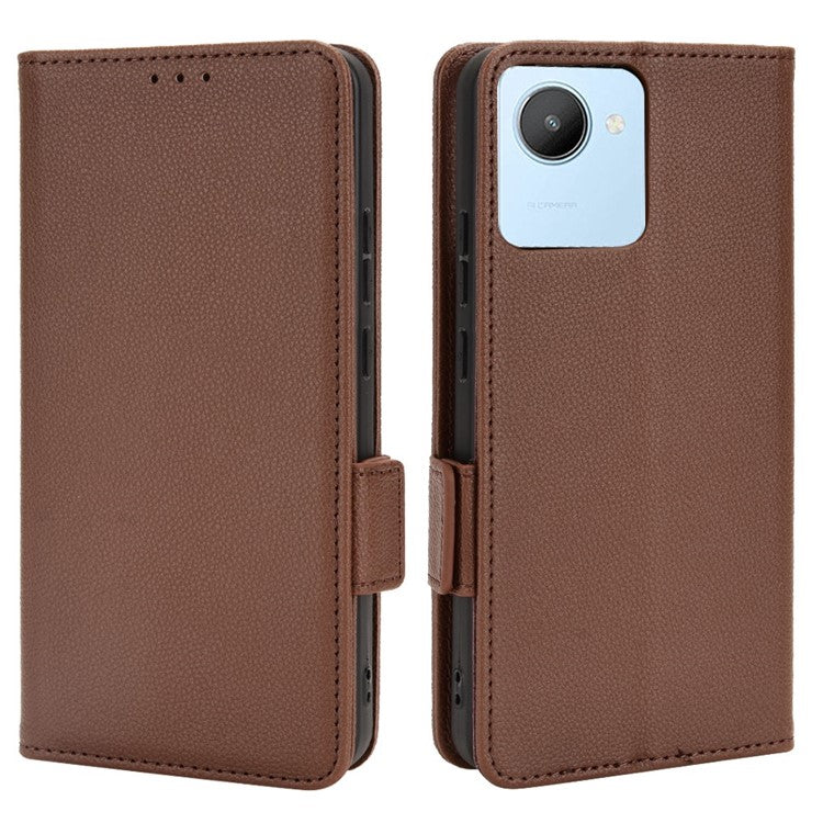 Litchi Texture PU Leather Case for Realme C30 4G, Side Magnetic Clasp Wallet Stand Protective Phone Cover - Brown
