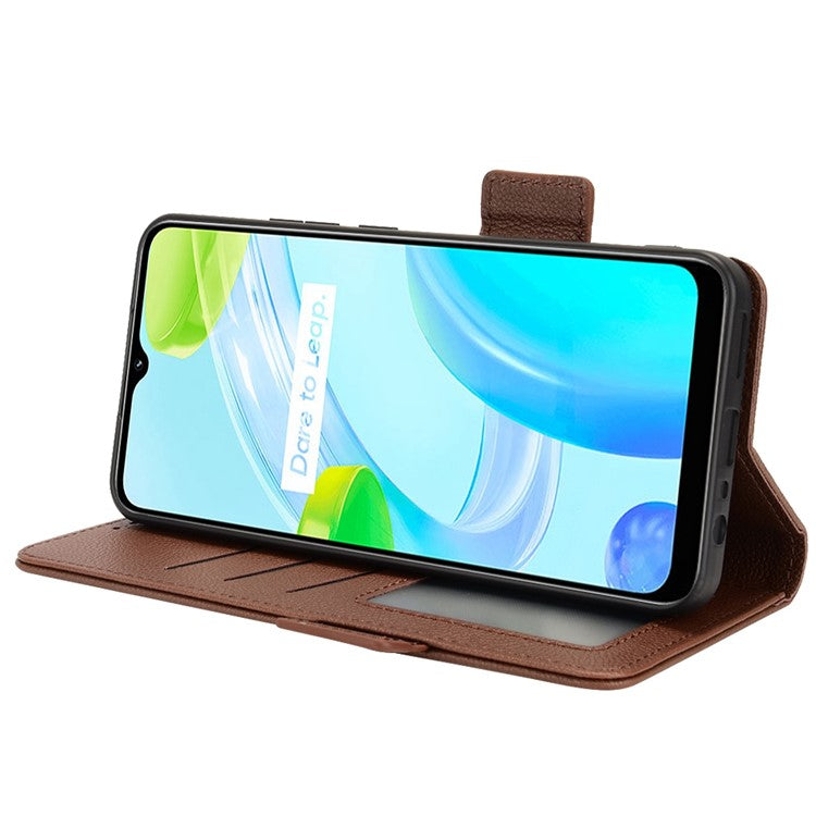 Litchi Texture PU Leather Case for Realme C30 4G, Side Magnetic Clasp Wallet Stand Protective Phone Cover - Brown