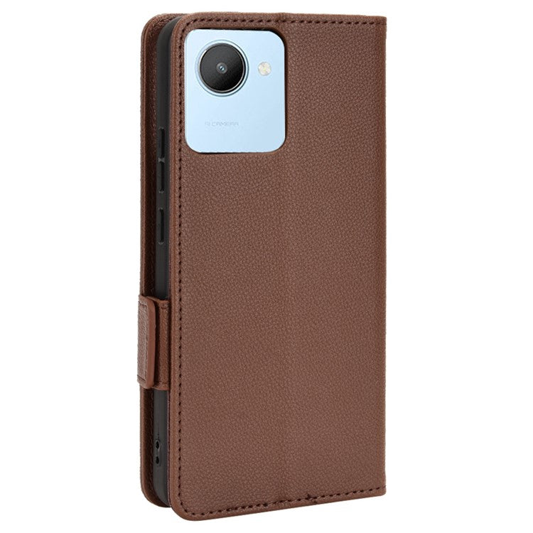 Litchi Texture PU Leather Case for Realme C30 4G, Side Magnetic Clasp Wallet Stand Protective Phone Cover - Brown
