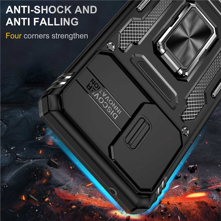 For Samsung Galaxy A52 4G / 5G / A52s 5G Anti-scratch Phone Case Slide Camera Cover PC + TPU Ring Kickstand Cell Phone Shell - Black