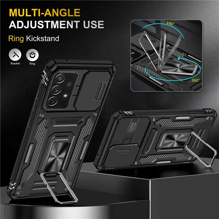 For Samsung Galaxy A52 4G / 5G / A52s 5G Anti-scratch Phone Case Slide Camera Cover PC + TPU Ring Kickstand Cell Phone Shell - Black