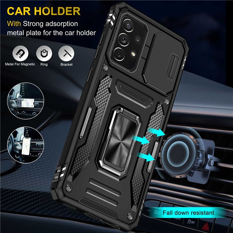 For Samsung Galaxy A52 4G / 5G / A52s 5G Anti-scratch Phone Case Slide Camera Cover PC + TPU Ring Kickstand Cell Phone Shell - Black
