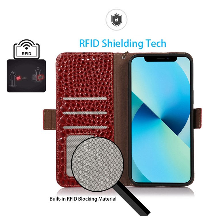 For Honor X40i 5G Anti-scratch Crocodile Texture Phone Case Genuine Cowhide Leather Wallet Stand RFID Blocking Folio Magnetic Closure Phone Cover - Red