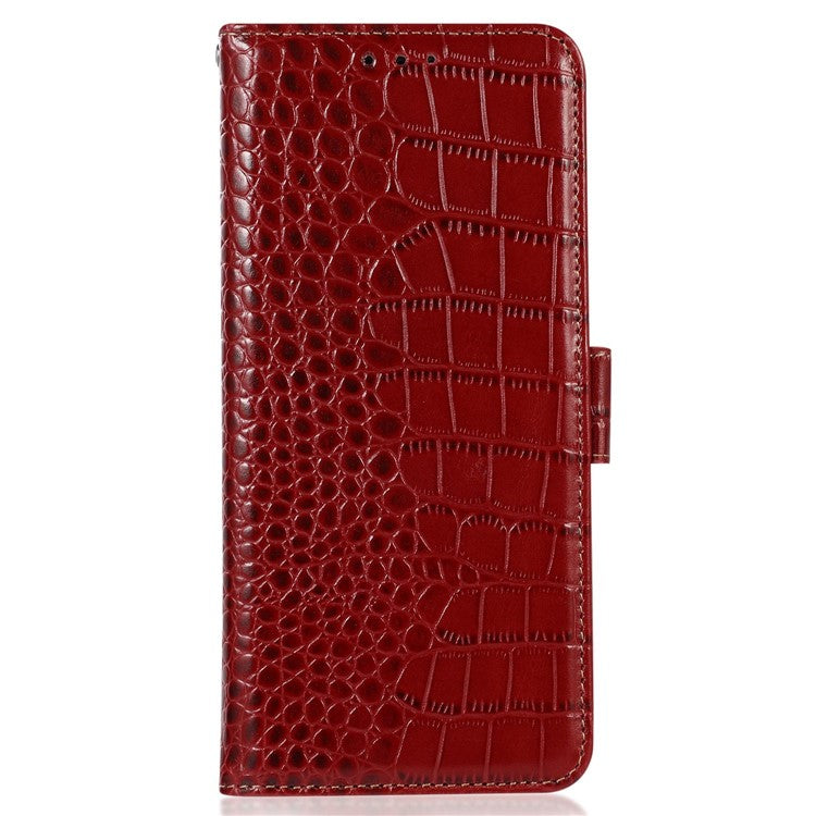 For Honor X40i 5G Anti-scratch Crocodile Texture Phone Case Genuine Cowhide Leather Wallet Stand RFID Blocking Folio Magnetic Closure Phone Cover - Red