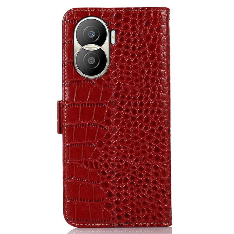 For Honor X40i 5G Anti-scratch Crocodile Texture Phone Case Genuine Cowhide Leather Wallet Stand RFID Blocking Folio Magnetic Closure Phone Cover - Red