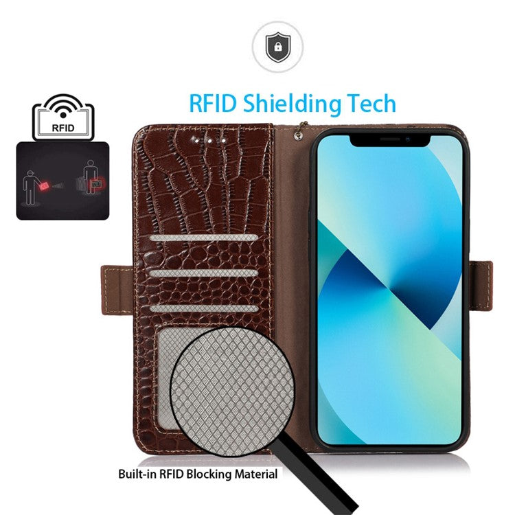 For Honor X40i 5G Anti-scratch Crocodile Texture Phone Case Genuine Cowhide Leather Wallet Stand RFID Blocking Folio Magnetic Closure Phone Cover - Brown