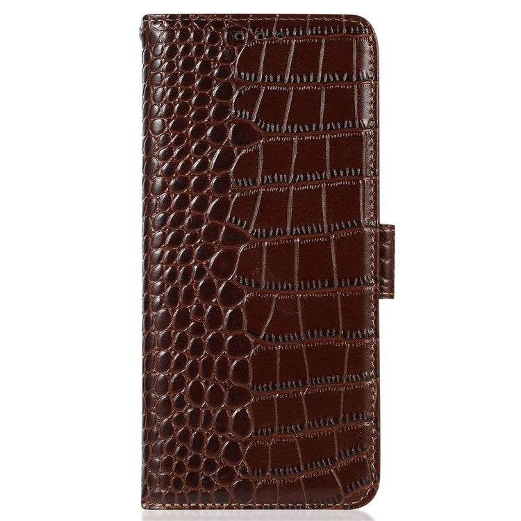 For Honor X40i 5G Anti-scratch Crocodile Texture Phone Case Genuine Cowhide Leather Wallet Stand RFID Blocking Folio Magnetic Closure Phone Cover - Brown