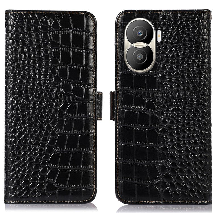 For Honor X40i 5G Anti-scratch Crocodile Texture Phone Case Genuine Cowhide Leather Wallet Stand RFID Blocking Folio Magnetic Closure Phone Cover - Black