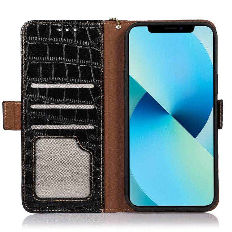 For Honor X40i 5G Anti-scratch Crocodile Texture Phone Case Genuine Cowhide Leather Wallet Stand RFID Blocking Folio Magnetic Closure Phone Cover - Black