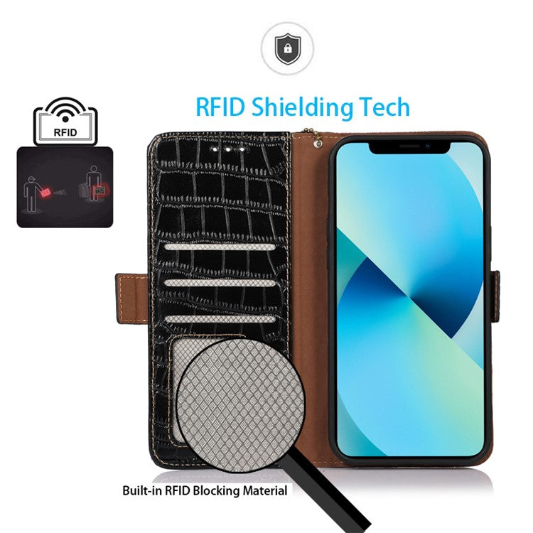 For Honor X40i 5G Anti-scratch Crocodile Texture Phone Case Genuine Cowhide Leather Wallet Stand RFID Blocking Folio Magnetic Closure Phone Cover - Black