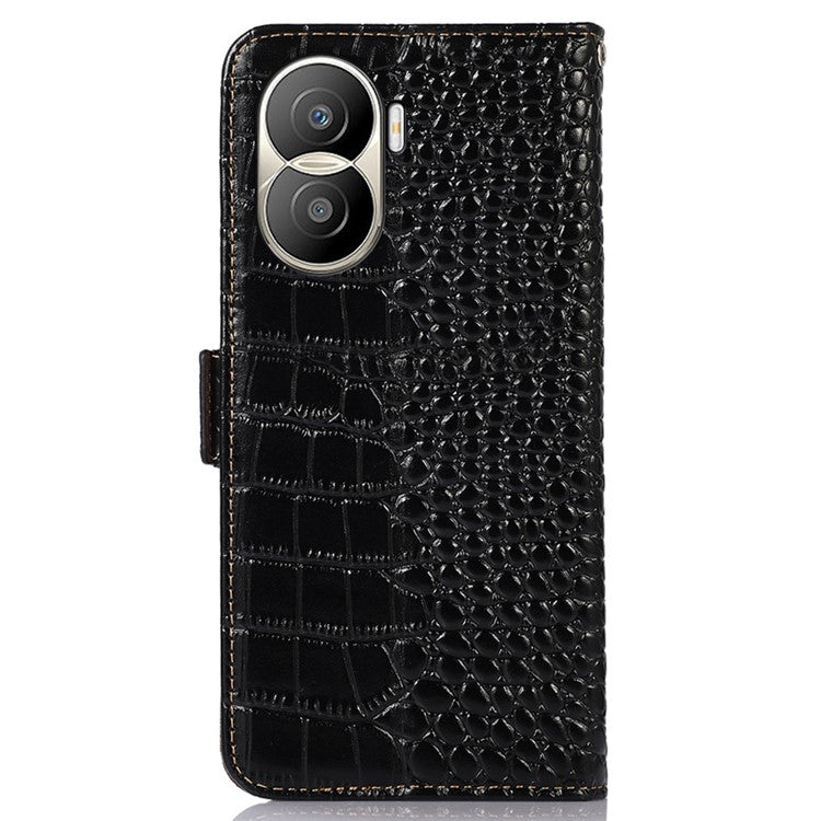 For Honor X40i 5G Anti-scratch Crocodile Texture Phone Case Genuine Cowhide Leather Wallet Stand RFID Blocking Folio Magnetic Closure Phone Cover - Black