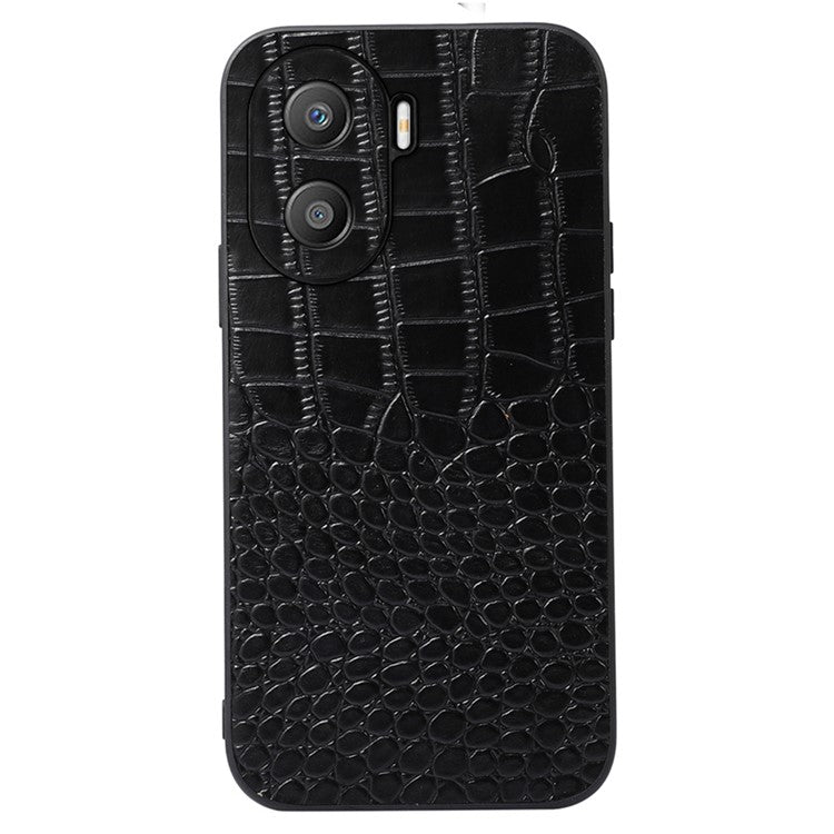 For Honor X40i 5G Shockproof Phone Case Crocodile Texture Genuine Cowhide Leather Coating Protective Phone Back Cover - Black