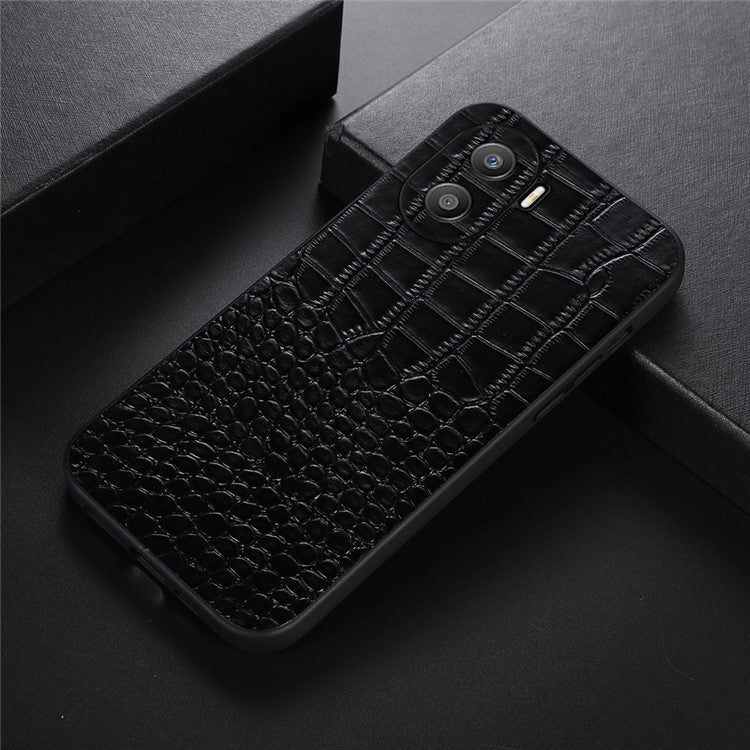 For Honor X40i 5G Shockproof Phone Case Crocodile Texture Genuine Cowhide Leather Coating Protective Phone Back Cover - Black