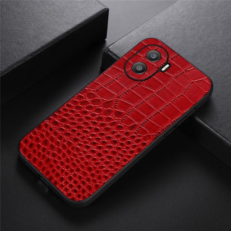 For Honor X40i 5G Shockproof Phone Case Crocodile Texture Genuine Cowhide Leather Coating Protective Phone Back Cover - Red
