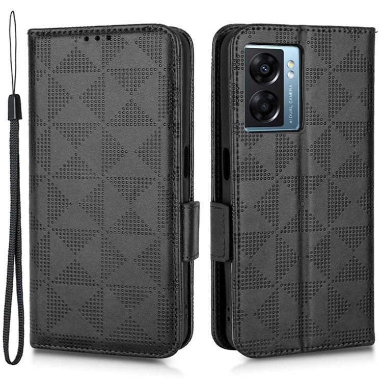 For Oppo A57 (2022) 5G / A77 5G / OnePlus Nord N300 5G / Realme Narzo 50 5G / V23 5G Anti-scratch Phone Case Triangle Pattern Imprinted Magnetic PU Leather Flip Wallet Cover Stand - Black