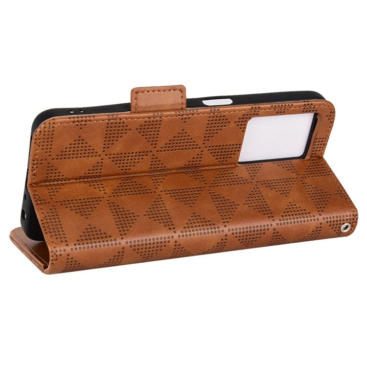 For Oppo A57 (2022) 5G / A77 5G / OnePlus Nord N300 5G / Realme Narzo 50 5G / V23 5G Anti-scratch Phone Case Triangle Pattern Imprinted Magnetic PU Leather Flip Wallet Cover Stand - Brown