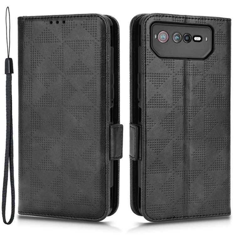 For Asus ROG Phone 6 5G Shockproof PU Leather Phone Case Triangle Pattern Imprinted Magnetic Flip Wallet Cover Stand with Strap - Black