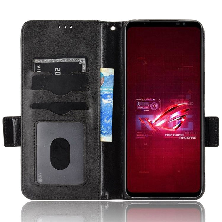 For Asus ROG Phone 6 5G Shockproof PU Leather Phone Case Triangle Pattern Imprinted Magnetic Flip Wallet Cover Stand with Strap - Black