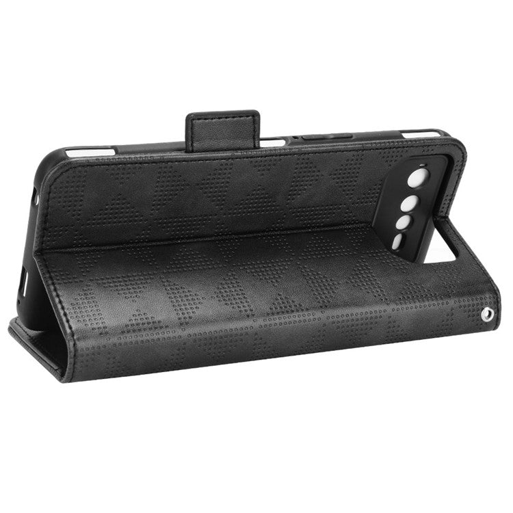 For Asus ROG Phone 6 5G Shockproof PU Leather Phone Case Triangle Pattern Imprinted Magnetic Flip Wallet Cover Stand with Strap - Black