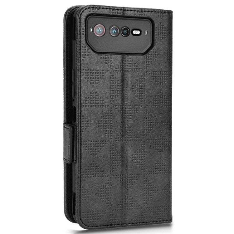 For Asus ROG Phone 6 5G Shockproof PU Leather Phone Case Triangle Pattern Imprinted Magnetic Flip Wallet Cover Stand with Strap - Black