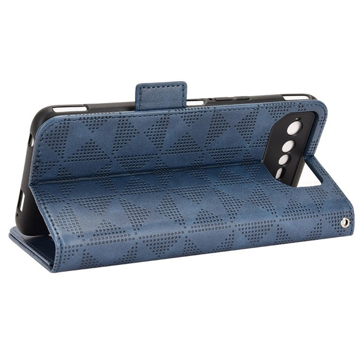 For Asus ROG Phone 6 5G Shockproof PU Leather Phone Case Triangle Pattern Imprinted Magnetic Flip Wallet Cover Stand with Strap - Blue