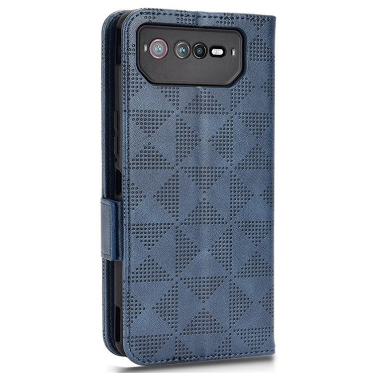 For Asus ROG Phone 6 5G Shockproof PU Leather Phone Case Triangle Pattern Imprinted Magnetic Flip Wallet Cover Stand with Strap - Blue