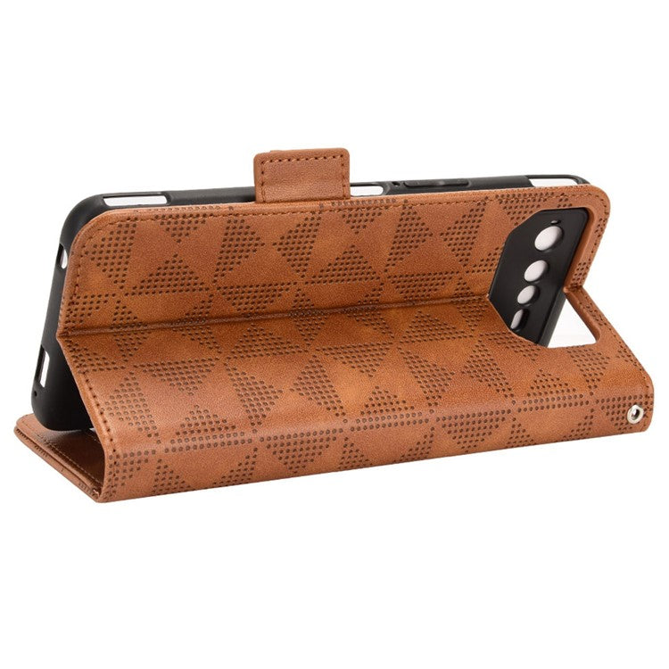 For Asus ROG Phone 6 5G Shockproof PU Leather Phone Case Triangle Pattern Imprinted Magnetic Flip Wallet Cover Stand with Strap - Brown