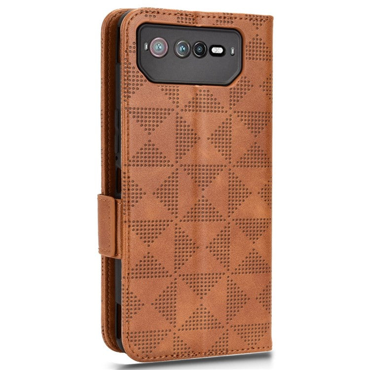 For Asus ROG Phone 6 5G Shockproof PU Leather Phone Case Triangle Pattern Imprinted Magnetic Flip Wallet Cover Stand with Strap - Brown