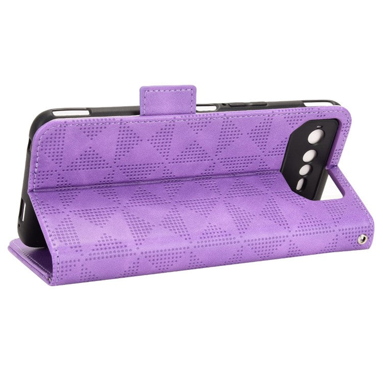 For Asus ROG Phone 6 5G Shockproof PU Leather Phone Case Triangle Pattern Imprinted Magnetic Flip Wallet Cover Stand with Strap - Purple