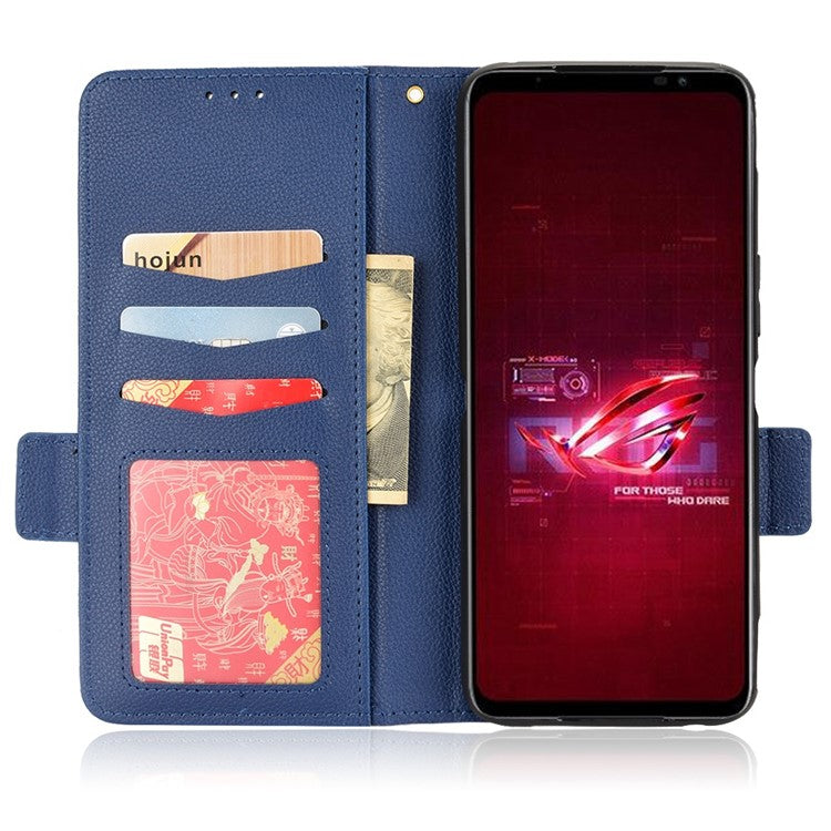 For Asus ROG Phone 6 5G / Phone 6 Pro 5G PU Leather Dual Magnetic Clasp Flip Cover Stand Feature Litchi Texture Wallet Purse Case - Dark Blue