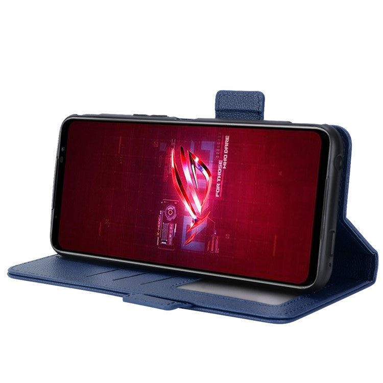 For Asus ROG Phone 6 5G / Phone 6 Pro 5G PU Leather Dual Magnetic Clasp Flip Cover Stand Feature Litchi Texture Wallet Purse Case - Dark Blue