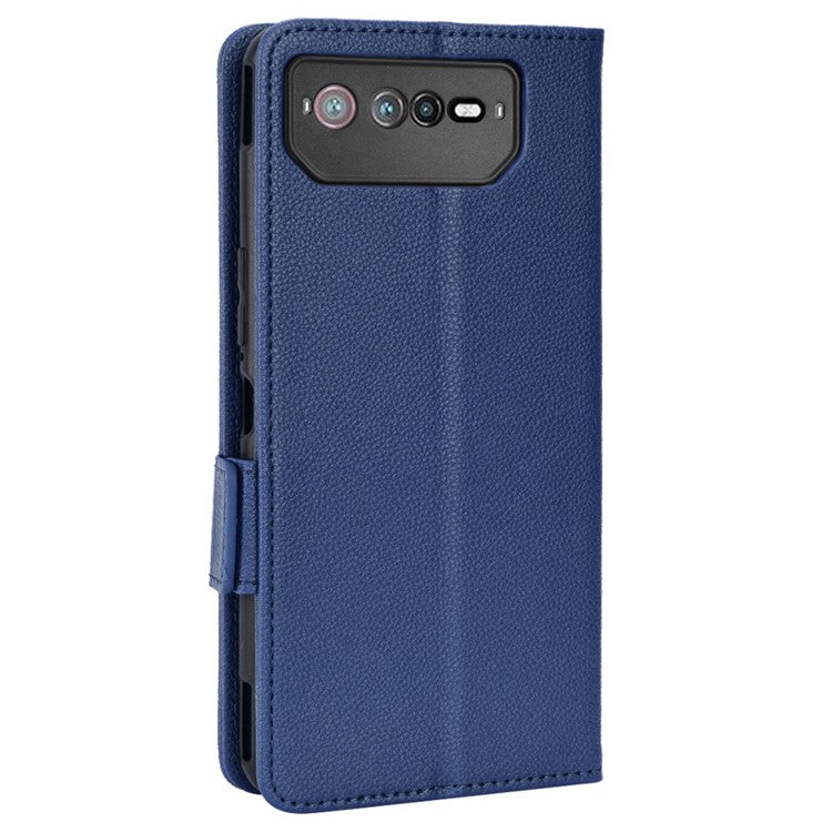 For Asus ROG Phone 6 5G / Phone 6 Pro 5G PU Leather Dual Magnetic Clasp Flip Cover Stand Feature Litchi Texture Wallet Purse Case - Dark Blue