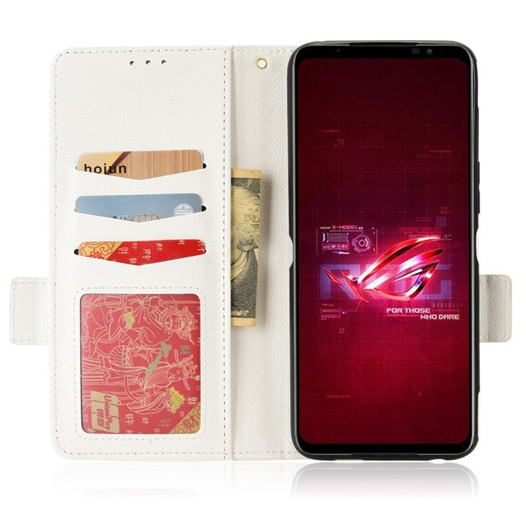 For Asus ROG Phone 6 5G / Phone 6 Pro 5G PU Leather Dual Magnetic Clasp Flip Cover Stand Feature Litchi Texture Wallet Purse Case - White