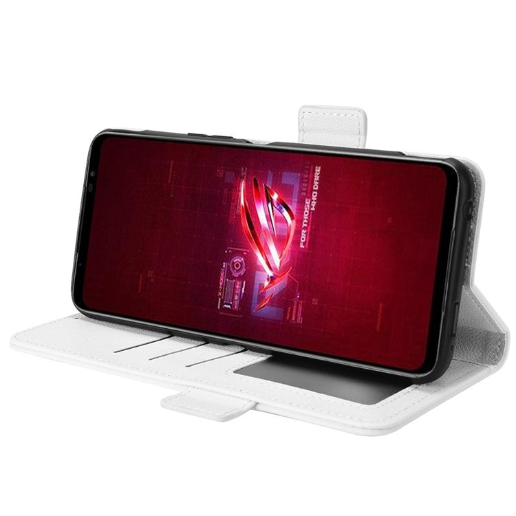 For Asus ROG Phone 6 5G / Phone 6 Pro 5G PU Leather Dual Magnetic Clasp Flip Cover Stand Feature Litchi Texture Wallet Purse Case - White