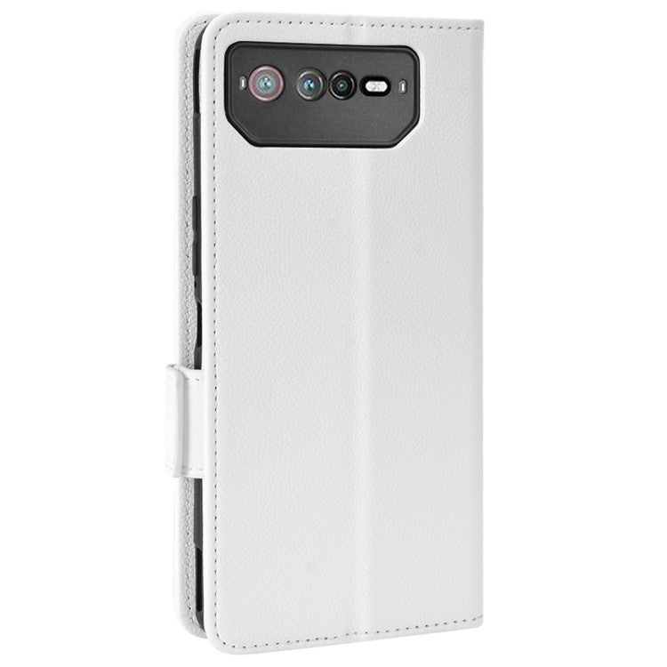 For Asus ROG Phone 6 5G / Phone 6 Pro 5G PU Leather Dual Magnetic Clasp Flip Cover Stand Feature Litchi Texture Wallet Purse Case - White