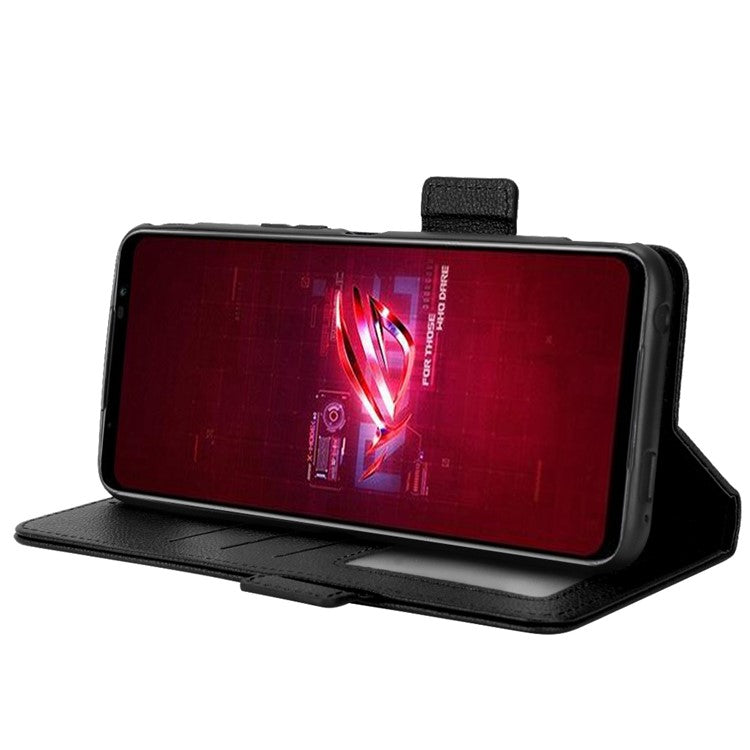 For Asus ROG Phone 6 5G / Phone 6 Pro 5G PU Leather Dual Magnetic Clasp Flip Cover Stand Feature Litchi Texture Wallet Purse Case - Black