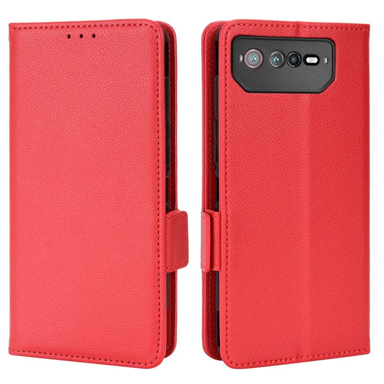 For Asus ROG Phone 6 5G / Phone 6 Pro 5G PU Leather Dual Magnetic Clasp Flip Cover Stand Feature Litchi Texture Wallet Purse Case - Red
