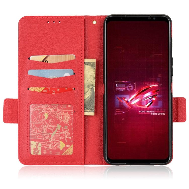 For Asus ROG Phone 6 5G / Phone 6 Pro 5G PU Leather Dual Magnetic Clasp Flip Cover Stand Feature Litchi Texture Wallet Purse Case - Red