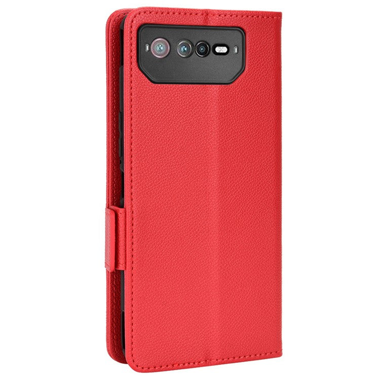 For Asus ROG Phone 6 5G / Phone 6 Pro 5G PU Leather Dual Magnetic Clasp Flip Cover Stand Feature Litchi Texture Wallet Purse Case - Red