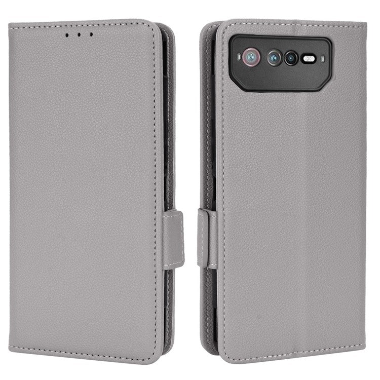 For Asus ROG Phone 6 5G / Phone 6 Pro 5G PU Leather Dual Magnetic Clasp Flip Cover Stand Feature Litchi Texture Wallet Purse Case - Grey