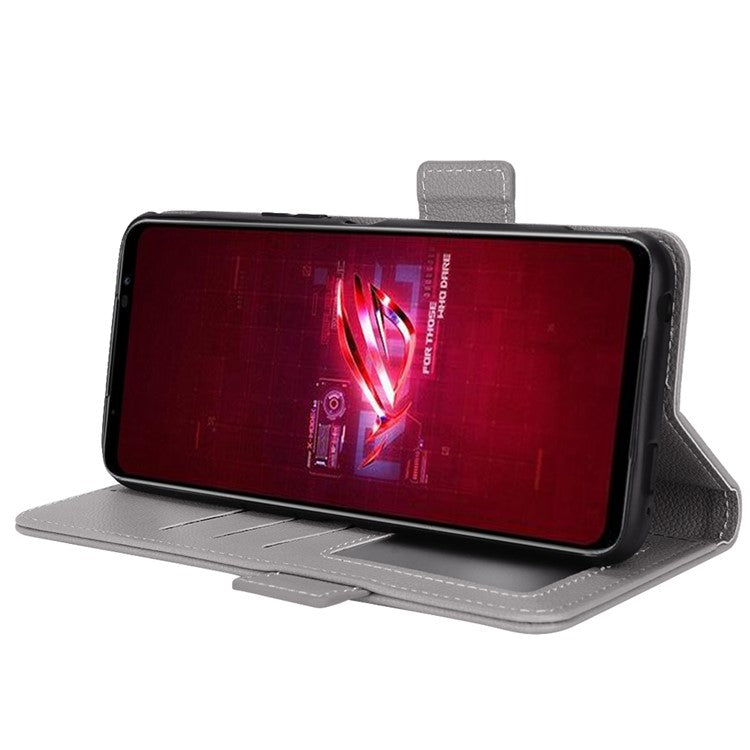 For Asus ROG Phone 6 5G / Phone 6 Pro 5G PU Leather Dual Magnetic Clasp Flip Cover Stand Feature Litchi Texture Wallet Purse Case - Grey