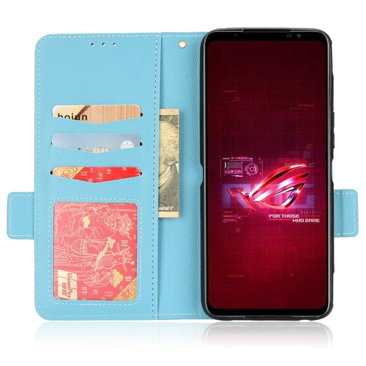 For Asus ROG Phone 6 5G / Phone 6 Pro 5G PU Leather Dual Magnetic Clasp Flip Cover Stand Feature Litchi Texture Wallet Purse Case - Baby Blue