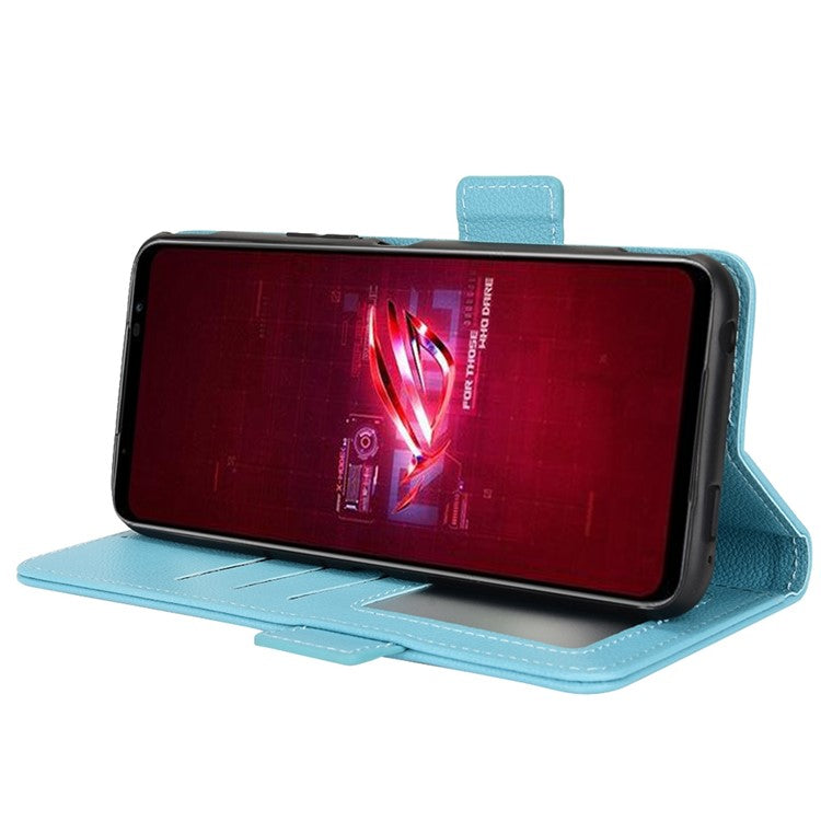 For Asus ROG Phone 6 5G / Phone 6 Pro 5G PU Leather Dual Magnetic Clasp Flip Cover Stand Feature Litchi Texture Wallet Purse Case - Baby Blue