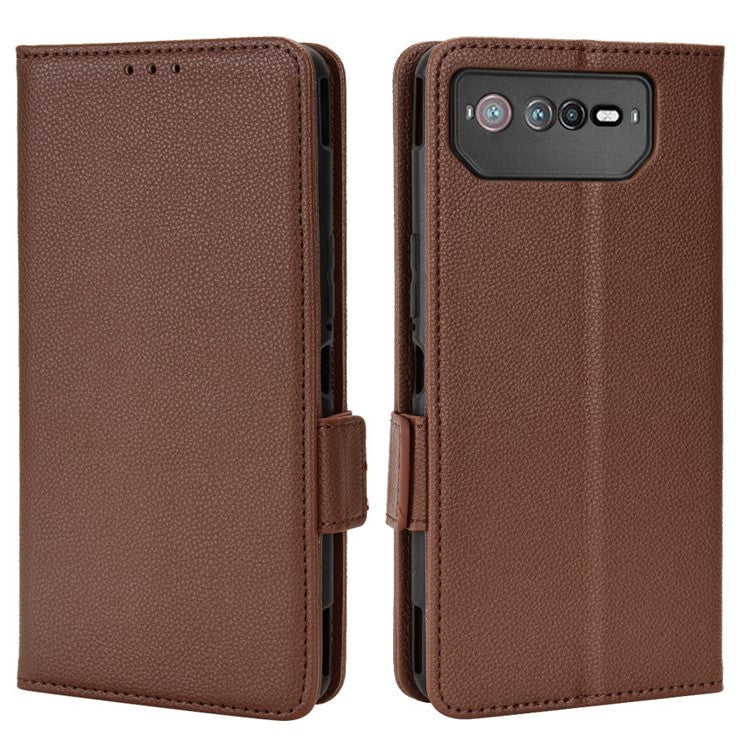 For Asus ROG Phone 6 5G / Phone 6 Pro 5G PU Leather Dual Magnetic Clasp Flip Cover Stand Feature Litchi Texture Wallet Purse Case - Brown