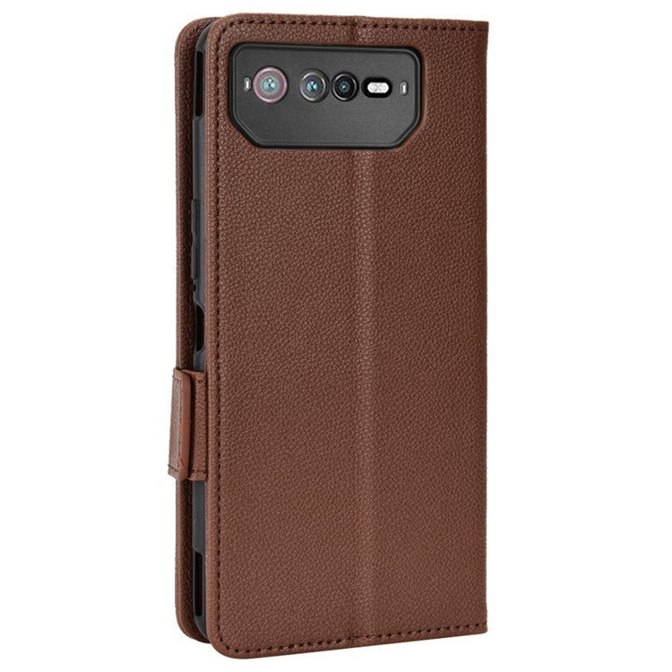 For Asus ROG Phone 6 5G / Phone 6 Pro 5G PU Leather Dual Magnetic Clasp Flip Cover Stand Feature Litchi Texture Wallet Purse Case - Brown