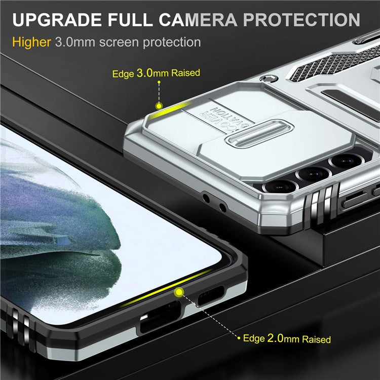 For Samsung Galaxy S21 4G / S21 5G Anti-Drop Phone Case PC + TPU Ring Kickstand Cell Phone Shell with Slide Camera Cover - Grey