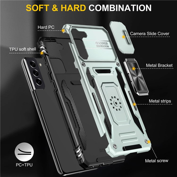 For Samsung Galaxy S21 4G / S21 5G Anti-Drop Phone Case PC + TPU Ring Kickstand Cell Phone Shell with Slide Camera Cover - Grey